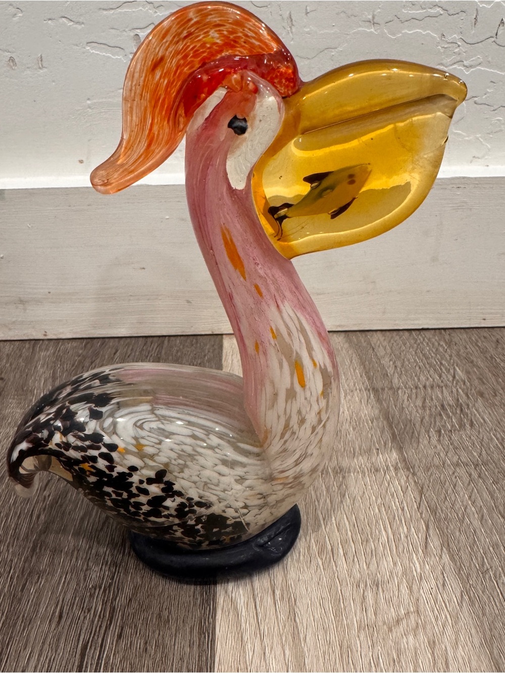 Vintage Murano Hand Blown Art Glass Pelican Bird with fish Figurine Paper Weight